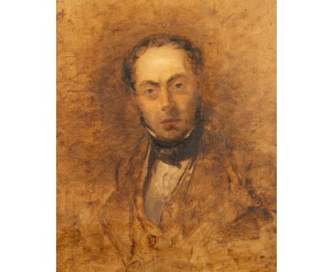 English School, late 19th Century/Portrait of a Gentleman/wearing a black stock and brown coat/oil on board, 62cm x 53cm COND