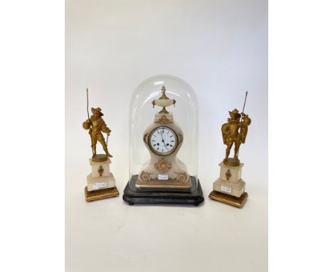 A 19th Century French white marble and ormolu clock garniture, urn finial above a waisted case, Roman numeral circular enamel