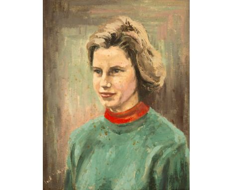 English School, 20th Century/Portrait of a Young Woman/wearing a green jumper/bears signature/oil on canvas, 44cm x 34cm/and 