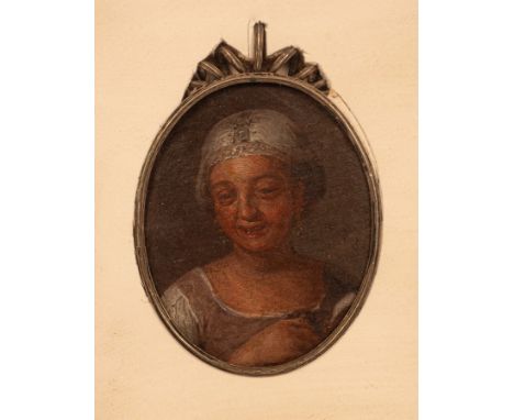 17th/18th Century School/Portrait Miniature of a Lady/wearing a white bonnet/oval/pencil and wash, 7.75cm x 6.25cm/in a Renai