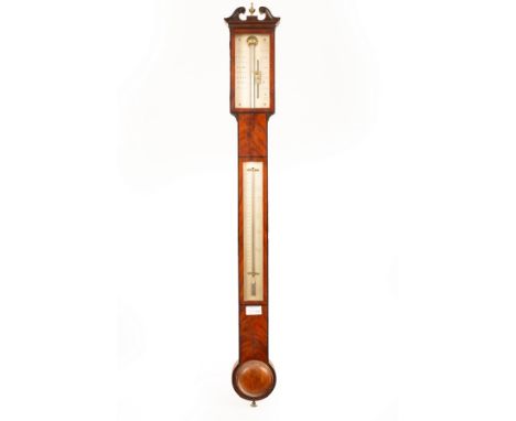 A George III mahogany and string inlaid stick barometer, the register plate engraved Gregory, London, 98cm long CONDITION REP