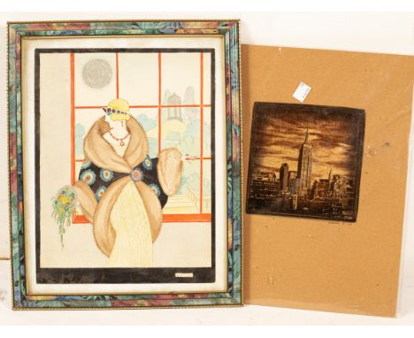 Alexis/Art Deco Lady/standing by a window/signed/watercolour, SIZE/and a handmade photographic print on gold leaf of the Empi