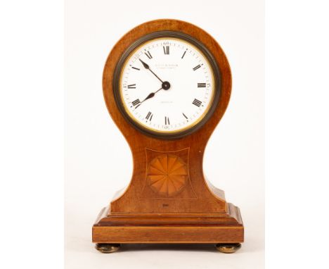 A balloon-shaped mahogany mantel clock, the case inlaid a batswing patera by Weir &amp; Sons, 5 Grafton Street, Dublin, 22.25