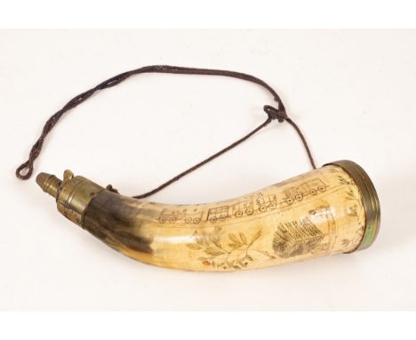 A brass mounted powder flask with primitive scrimshaw work depicting sail and steam with foliage, etc., 28cm long CONDITION R