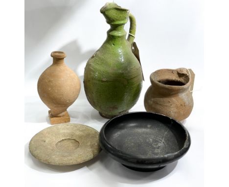 Collection of Roman pottery to include a black glazed bowl, a green glazed pitcher etc. (5)/Provenance: The Estate of the lat