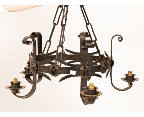 A cast iron five-branch ceiling light relief decorated with flowers, 27cm high x 54cm wide (approximately)