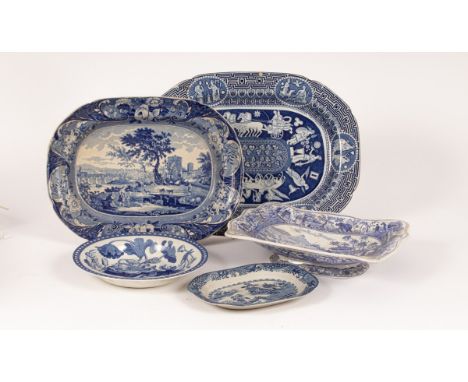A group of English blue and white pearlware, comprising a Wedgwood Waterlily pattern soup plate, Copeland Spode City of Corin
