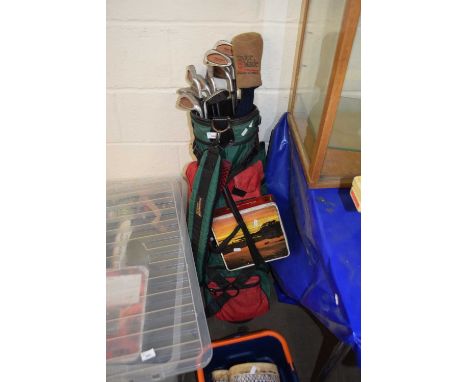 Golf caddy and assorted clubs