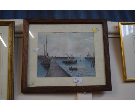 Boats in harbour, print dated 1937, framed and glazed