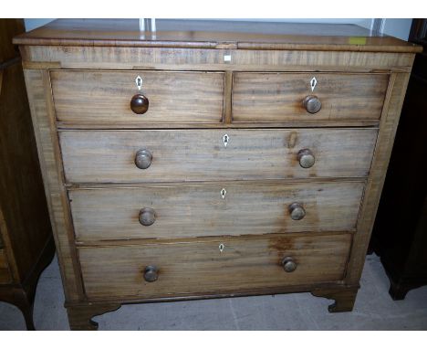 A 19th century faded mahogany chest of 3 long and 2 short drawers, on bracket feet