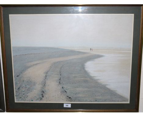 Derek Wilkinson, pastel of sea shore with a couple walking along, signed and dated, 18" x 23"