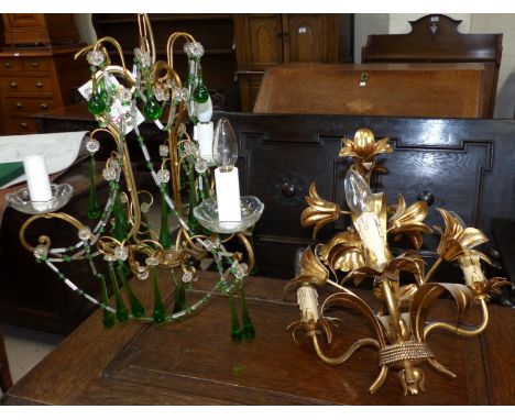 A period style 3 branch centre light fitting in gilt metal, with green glass drops; a similar 3 branch gilt light fitting 