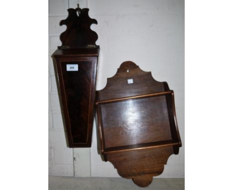 A Georgian crossbanded mahogany wall hanging candle box on fretted bracket; a small 2 tier mahogany wall shelf unit, width 10