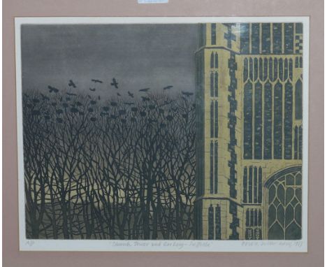 After Derek Wilkinson:  Church Tower and Rookery - Suffolk, 1983, limited edition print, signed and dated