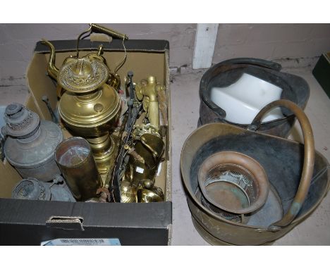 A selection of brass and copper, including 2 coal scuttles; oil lamp with opaque glass shade; shell cases; etc.