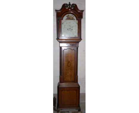 A late 18th century oak longcase clock with extensive mahogany crossbanding and central inlaid Britannia motif, having arched