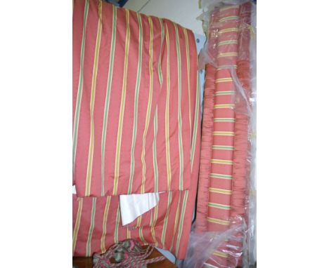 A large pair of Zoffany fabric curtains, in red stripe, lined, 80" drop x 120" max width, approx; 2 matching padded pelmets