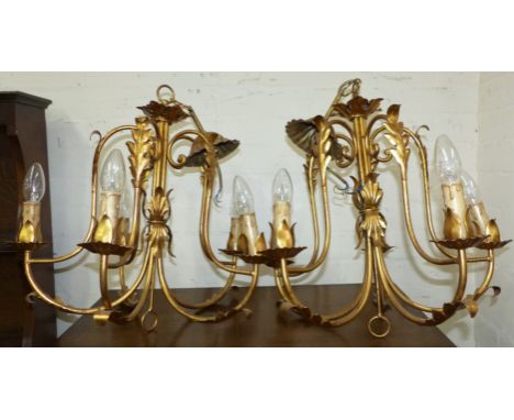 A pair of period style 5 branch centre light fittings in gilt metal