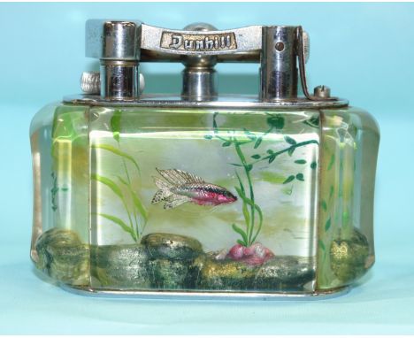 A DUNHILL chromed metal and perspex petrol table lighter with red and silver fish in an aquarium, 10cm, reg. no. 737418