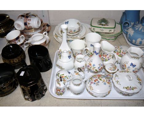 A collection of Aynsley trinket ware; a Colclough Japan bordered part tea set; Victorian Jackfield style pottery; etc.