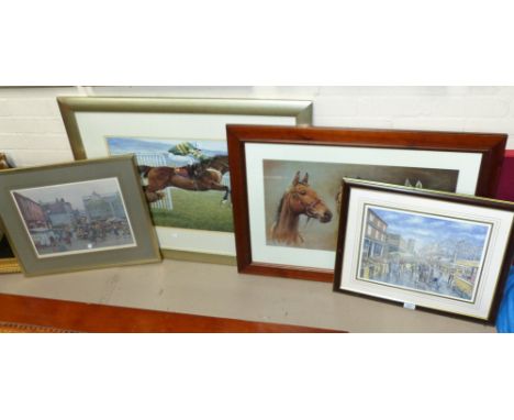 Bob Richardson:  Stockport Market, signed limited edition print; a similar print; 2 racing prints:   "The Three Kings" and an