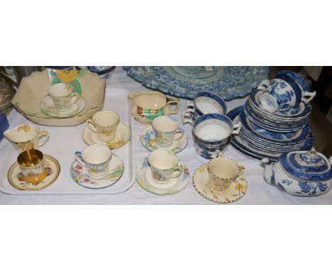 Seven Crown Devon cabinet cups and saucers, three other pieces and a selection of old willow tea ware