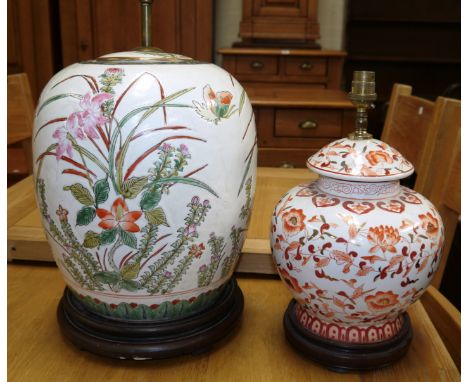 A Chinese 'famille verte' style large table lamp; an Imari style table lamp