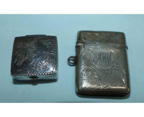 A hallmarked silver Vesta case, monogrammed, Birmingham 1905; a hallmarked silver patch box