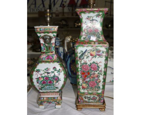 A Chinese Canton porcelain table lamp of square baluster form; a similar lamp