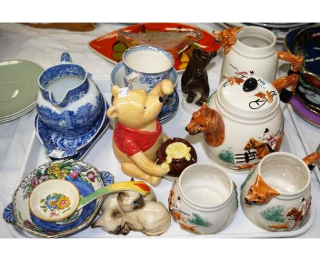 A 1970's Poole dish; a Beswick group of 2 kittens; a USSR china bear; a blue and white 'hunting' 4 piece tea set; etc.