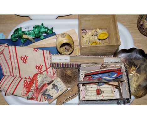 A malachite rhinoceros; a miniature cloisonnée item; a Victorian gilt metal intaglio seal fob; oriental vessels; etc.