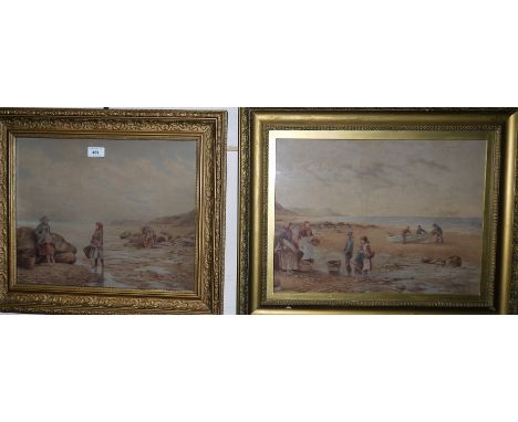 R E Booth:  "Runswick Bay" & "Limpet Pickers", pair of watercolours, signed, 13" x 17" framed and glazed