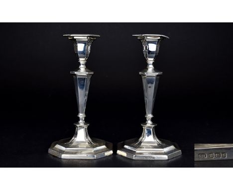 Edwardian Period - Pair of Fine Quality Silver Candlesticks of Tapered Form, Raised on Octagonal Shaped Bases. Hallmark Sheff