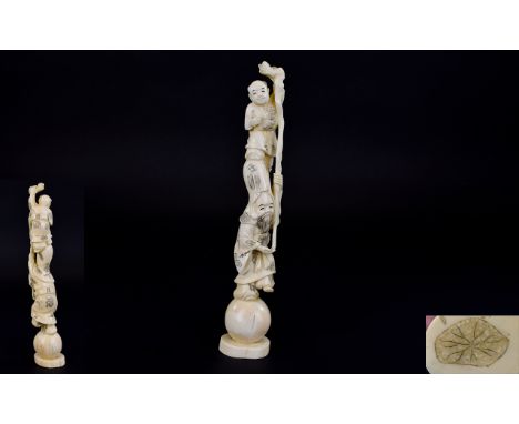 Japanese - Nice Quality Signed Carved Ivory Figure of Circus Acrobats / Jugglers Standing on a Large Ball. Signed to undersid