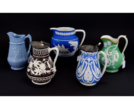 A Good Collection of Hand Painted Mid 19th Century Jugs. Various Factories. Includes Copeland / Spode, Early Copeland, Hope a