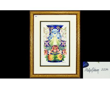 Moorcroft Original Artwork Watercolour Painting By Phillip Gibson Depicts a large vase in the 'Hidcote manor' design. Dated 2