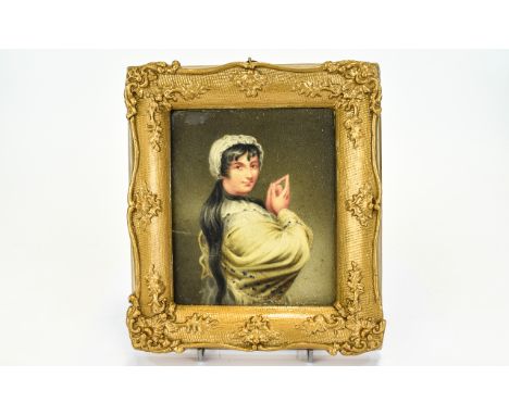 A Mid 19th Century Miniature Portrait Painting of a Young Gypsy Girl. c.1865. Watercolour on Board, Unsigned. Mounted and Fra