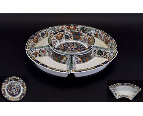 20thC Very Decorative Oriental Ceramic Lazy Suzan. Comprises 5 outer serving compartments and central inner dish. Decorated i