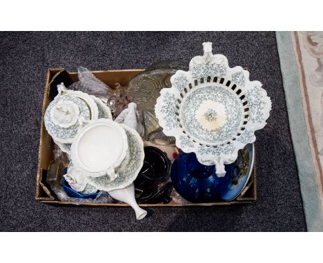 Box of Assorted Miscellaneous Items including glassware, cake stand, blue vase, ceramic bird figure etc