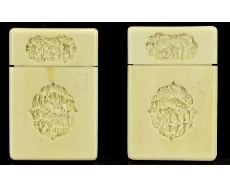 Chinese Ivory Canton Card Case, Each Side With Two Panels Carved In Deep Relief, Depicting Figures, Home Life. 4½ x 3 Inches.