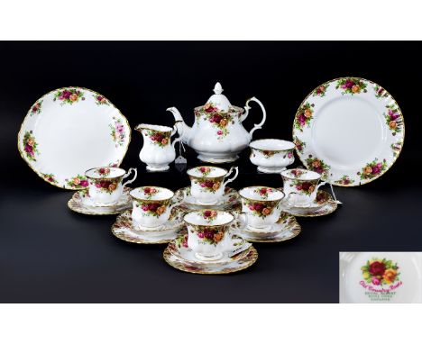 Royal Albert Fine Bone China ( 23 ) Piece Tea Service From The 1970's ' Old Country Rose ' Pattern. Comprises 6 Trios ( 18 ) 