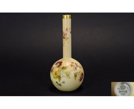 Royal Worcester Blush Ivory Specimen Vase, Decorated with Painted Images of Spring Flowers. Gold Gilt Band to Spout. Shape 12