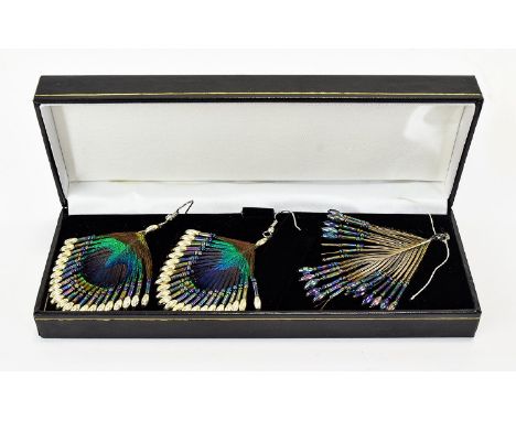 A Pair Of Unique And Intricate Handmade Peacock Feather Earrings Attractive wired drop earrings fashioned from the eye of pea