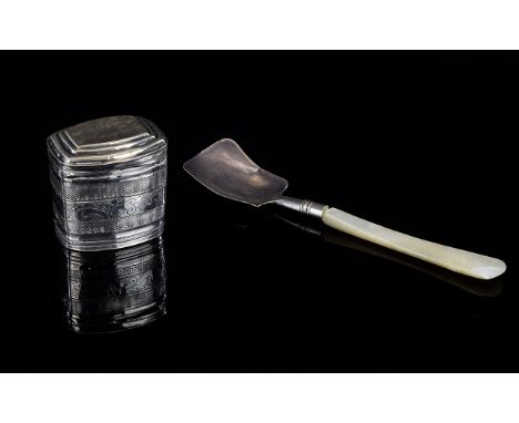 Etched Foreign Silver Snuff or Pill Box plus sterling silver, mother of pearl handled small scoop (repair to box hinge and da