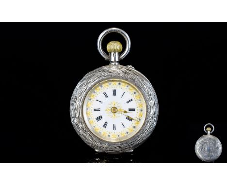 Swiss Made - 1920's Ornate Silver Cased Fob Watch, Features a Very Fine Porcelain Dial with Gold Overlay. The Case with Elabo