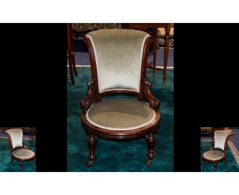 Victorian Period - Good Shape Small Oak and Upholstered Nursing Chair with Castors & With Circular Seat on Turned and Bobbin 