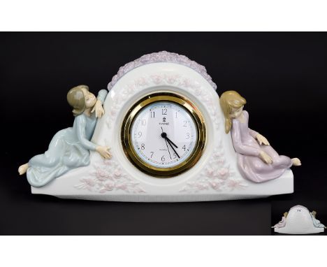 Lladro - Porcelain Figural Mantel Clock ' Two Sisters ' Sculptor Vincente Martinez. Number 5776. Issued 1991 - 2003. Size 6.2