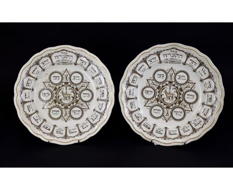 Spode Earthenware Brown Litho Pair Of Passover Plates "The Order Of The Service". Approx 10.5 inches diameter.  