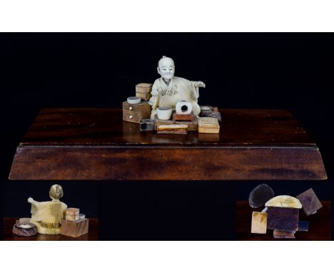 Japanese - Early 20th Century Miniature Well Carved Ivory Figure Artisan at Work - Please See Photo. Interesting Piece of Ear