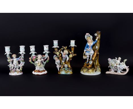 Conta & Boehme and Sitzendorf Candle Holders etc. comprising a C & B double candlestick with a boy and girl playing amongst t